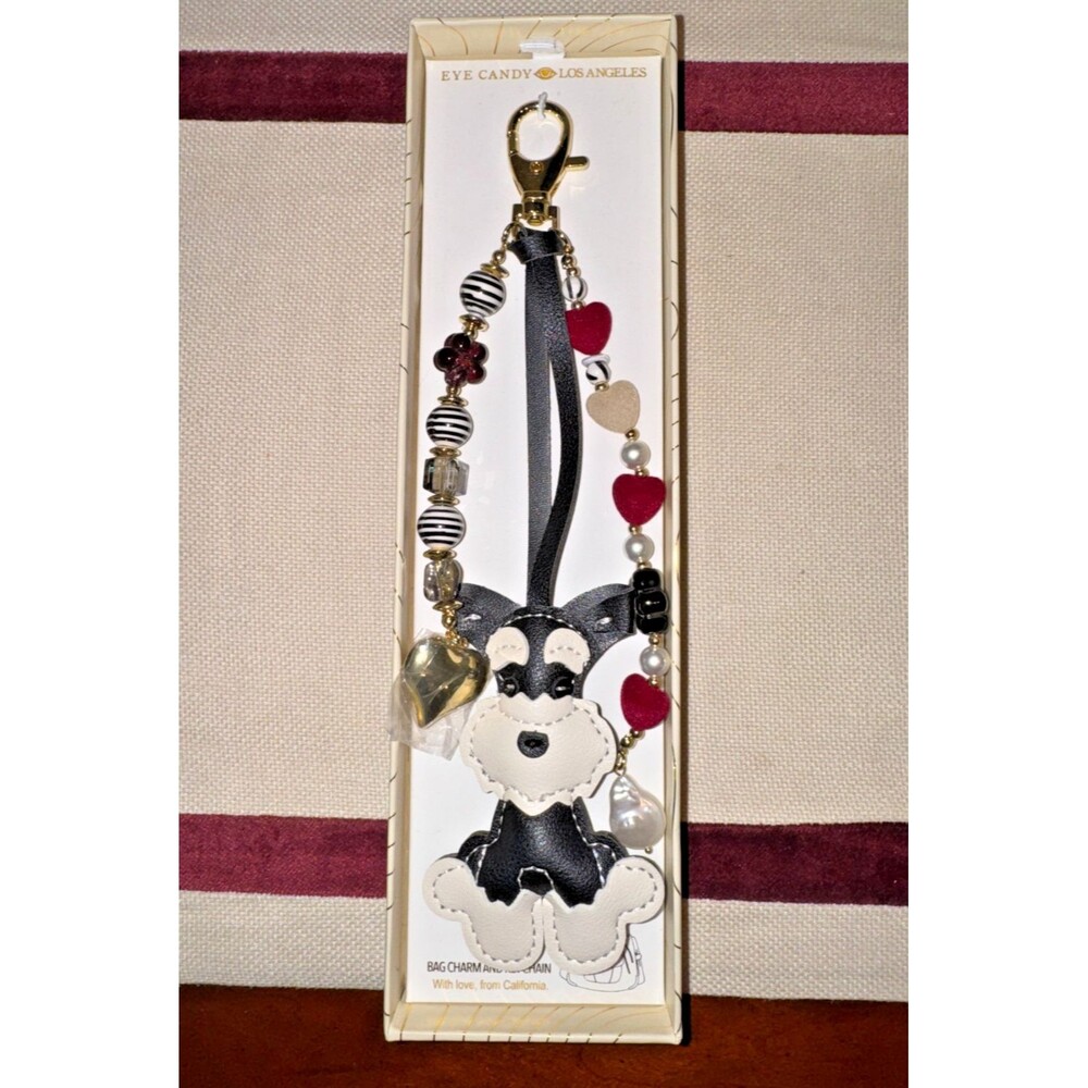 Eye Candy Los Angeles Schnauzer Beaded Faux Pearl & Heart Bag Charm Keychain NIB